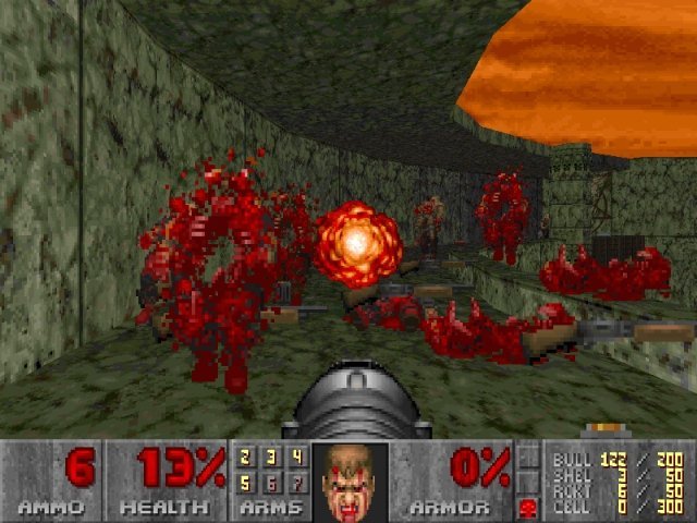 Ratz-Fatz-Splotter! Doom war kein Spiel der falschen Bescheidenheiten, getroffene Gegner gingen hier dauerhaft und sehr matschig unter. Weshalb das Spiel ja damals auch recht flott indiziert wurde.