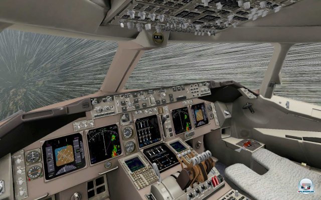 Das voll funktionstüchtige 3D-Cockpit der Boeing 747-400. Jeder Schalter bewirkt das was er in der Realität auslöst.